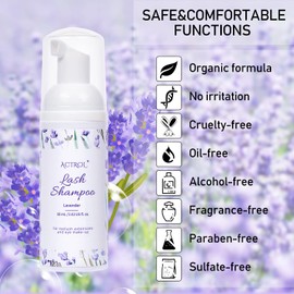 Eyelash Extension Cleanser 60ML Natural Lash Extension Shampoo Lavender Professional Eyelid Foaming Cleanser Paraben & Sulfate Free Non-lrritating with Salon and Home Care