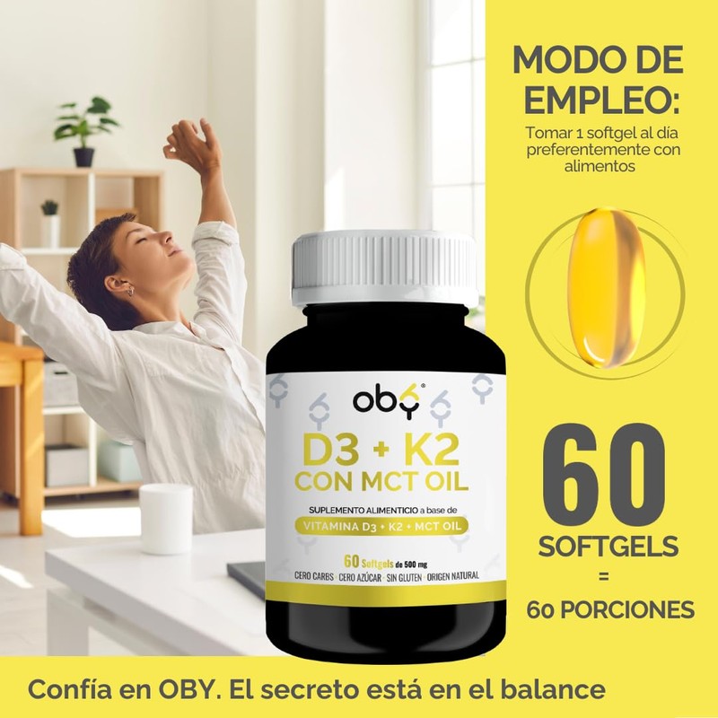 OBY Vitamina D3 K2 con MCT Oil | 60 Cápsulas