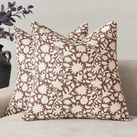 Foindtower Set of 2 Decorative Neutral Floral Throw Pillow Covers Accent Farmhouse Cushion Covers Boho Vintage Pillowcase for Couch Sofa Bedroom Living Room Home Decor Outdoor,20×20 Inch,Brown