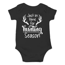 Belle Homie Just In Time For Hunting Season - Funny Baby Essentials Bodysuit - Cute Newborn Girl Clothes, Black, 12 Months