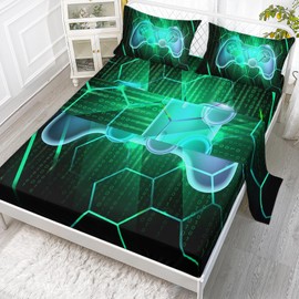 Axolotl Gamepad Fitted Sheet Twin,Gaming Sheet Set,Number Video Gaming Fitted Sheet,Geometry Hexagonal Bed Sheet,Boys Game Console Sheet for Boys Teens Men,1 Flat Sheet 1 Fitted Sheet 2 Pillowcases