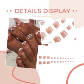 24 Pcs White French Pink Press on Toenails Short Square Fake Toe Nails Colorful Rhinestone Design Acrylic Toenails Summer False Toenails 3D Rhinestone Charms French Stick on Toe Nails for Women Girls