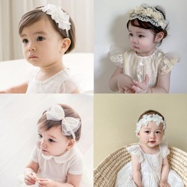 YINKE Baby Hair Band, 4-Piece Set, Baby Lace, Flower Hair Accessory, Bow Accessory, Cute, Fashionable, Present for Children, Girls, Hair Ornament, Celebration, Wedding, Newborn, Birthday