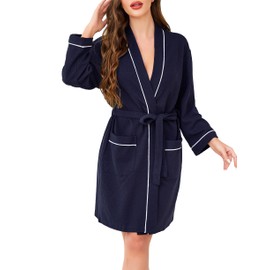 Vlazom Women Dressing Gown, Lightweight Waffle Robe Soft Cotton Bathrobes Mid-Length Robes with Pockets for All Seasons Spa Hotel Sleepwear Navy,XXL