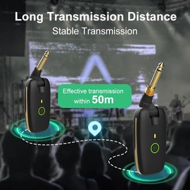 Wireless Guitar System UHF Wireless Guitar Transmitter Receiver 7 Channels Rechargeable Audio 1/4” and 1/8” 2 in 1 Plug for Guitar Bass Electric Musical Instruments