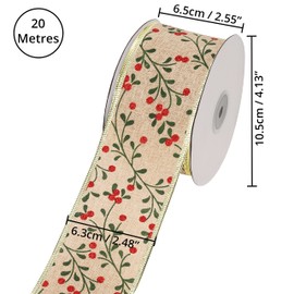 Belle Vous Burlap Organza Christmas Ribbon - 20m x 6.3cm Wide Wired Glittery Berry Christmas Tree Ribbon for Xmas Tree Decorations - Organza Ribbon for Gift Wrapping DIY Crafts Party Decoration