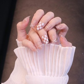 24 PCS Cool Girls Nail Tips, Checkered Pattern, Line Nail Fake Nails, For Photography, Weddings, Coming-of-age Ceremonies, Parties, After-parties, Etc. False Nails