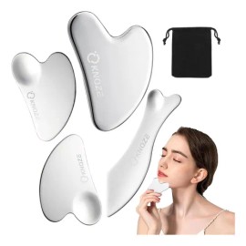 Kit de 4 Piezas Gua Sha Facial de Acero Inoxidable Herramienta de Masaje para Rostro, Cuello y Cuerpo. Reduce Ojeras, Modela Mandbula y Promueve...