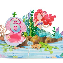 POPWOW Happy 6th Birthday Pop Up Card, Mermaid, Pearl Shell, Ocean, 3D Greeting Card, Gifts for Girls, Daughter, Granddaughter, Niece, 5x7 - Includes Envelope And Message Note