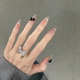 Nail Tip, Long, 24 Pieces, Nail Tip, False Claws, Butterfly Pearl, Black, Skin Color, 3D Nail Sticker, Popular, Japanese Style, Cute, Simple, Fashionable Party, Nail Tip, Autumn, Spring, Summer,