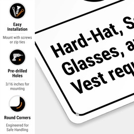 Sigo Signs, Caution Hard Hat Hi Vis Vest and Safety Glasses Required ANSI Sign, 10x14 Inches, Rust Free .040 Aluminum, Fade Resistant, Made in USA