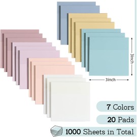 VITEVER 1000 hojas Notas adhesivas transparentes, notas adhesivas impermeables de color pastel de 7,62x7,62 cm en 7 colores vintage para suministros escolares y de oficina, etiquetas para biblias
