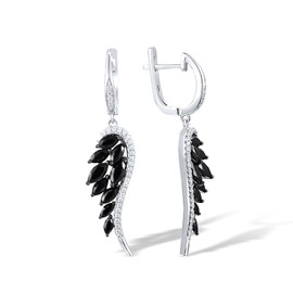 Santuzza 925 Sterling Silver Angel Wings Earrings Black Spinel Cubic Zirconia Feather Wing Drop Earrings for Women