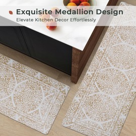 FRESHMINT 2 Piece Set Boho Kitchen Mats for Floor Bohemian Distressed Anti Fatigue Kitchen Rugs Vintage Farmhouse Cushioned Kitchen Runners for Standing Waterproof & Non-Skid Comfort, Khaki Tan