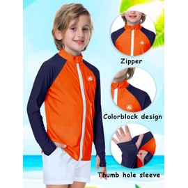 AOBUTE Unisex Kids Zipper Rash Guard Boys UPF 50+ UV Protection Sun Shirt with Thumb Hole 3-12 Years, Orange Navy, 9-10 Years