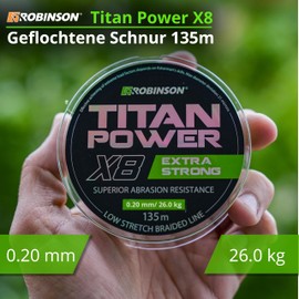 Robinson Braided Fishing Line X8 - Braided Fishing Line 0.08-0.28 mm, 7.5-39 kg, 135 m, Ideal for Spin Fishing - Titan Power (Green, 135 m - 0.20 mm - 26 kg)