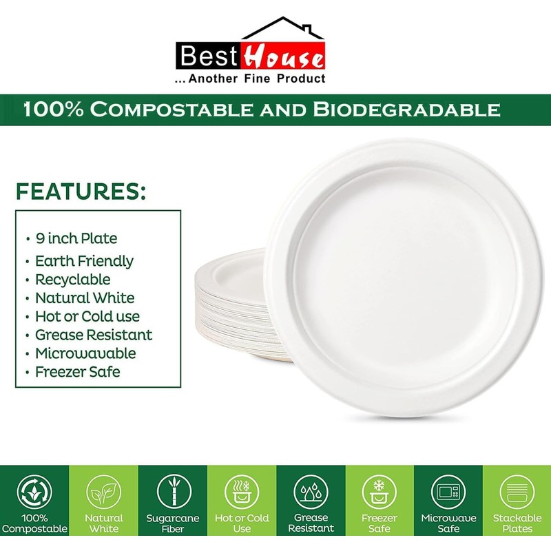 Best House Super Rigid Strong Bagasse Plates - 500 Pack,