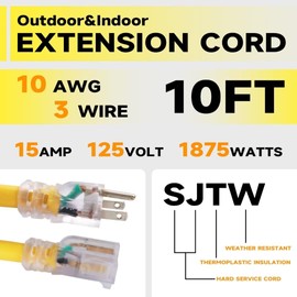 GREATIDE 10 Ft Lighted Outdoor Extension Cord - 10/3 SJTW Heavy Duty Yellow Extension Cable with 3 Prong Grounded Plug for Safety, UL Listed