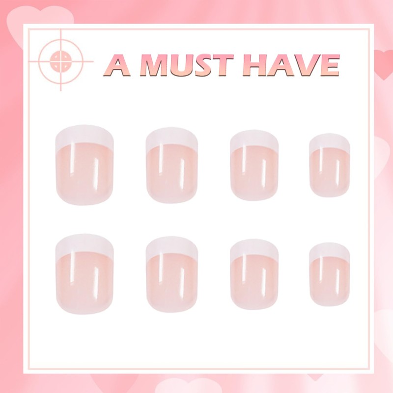 French Style False Nails, Short Stick on Nails, 24pcs Square