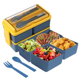 Lunch Box, 1.4L Stackable Bento Box 2-Layer Adult Lunch Box with Spoon & Fork 4-in-1 Compartment Lunch Container Leakproof Eco-Friendly Stackable Bento Lunch Box (Blue)