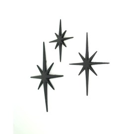 Set of 3 Large Black Cast Iron Starburst Wall Hangings Mid Century Modern Décor 8 Pointed Stars MCM Accents