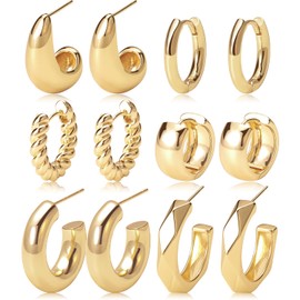 Gold Hoop Earrings Set 14k Real Gold Plated Huggie Earrings Hypoallergenic Chunky Twisted Thick Jewelry for Multiple Piercing Christmas Gift for Women (Gold Hoop TW03)