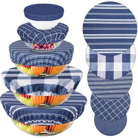 Whaline 10Pcs Bowl Covers Reusable In 5 Size Blue Stretch Cloth Fabric Dish Cover Farmhouse Plaid Blue Ticking Stripe Lids for Food Fruits Leftover Storage