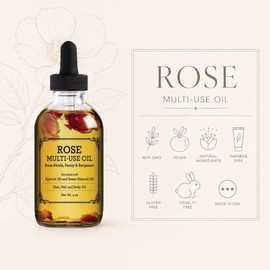 Rose Multi-Use Oil for Face, Body and Hair - Organic Blend of Apricot, Vitamin E and Sweet Almond Oil Moisturiser for Dry Skin, Scalp and Nails - Rose