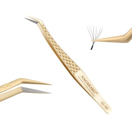 NAGARAKU Fibre Tip Eyelash Extension Tweezers Professional Eyelash Tweezers Precision Tweezers Antistatic Non-Slip Gold Stainless Steel Diamond Handle Fibre Tip Tweezers (Curved Tweezer AG-06)