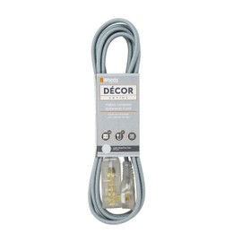 Woods 64598101 Decor Series 8-Foot Fabric Braided Indoor Extension Cord with Lighted Ends, 3 Polarized 2-Prong Outlets, Right Angle Plug, 125 Volts, Grey/Gray