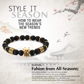 Cupimatch 8mm Beads CZ Crown King Charm Bracelet for Men Women 7.5",Blackgold