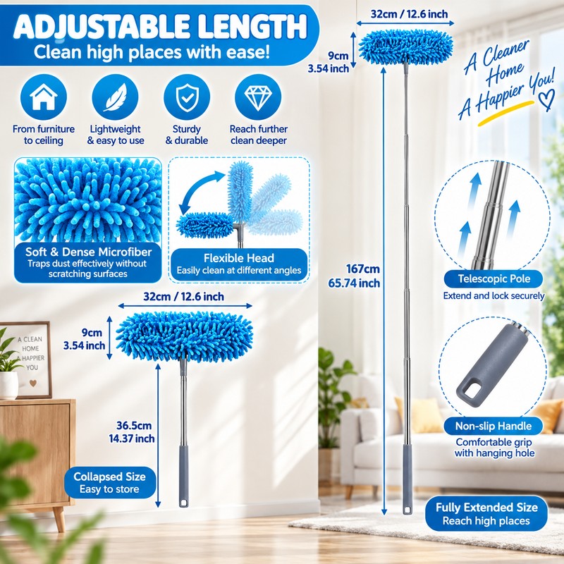 Extendable Microfiber Duster for Ceiling Fan Cleaning – Long Handle