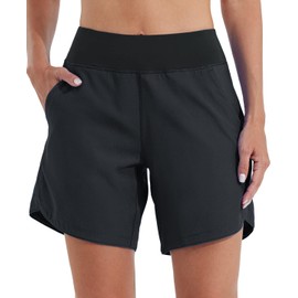Willit Women's 7" Swim Board Shorts UPF 50+ High Waisted Swimming Shorts with Liner Pockets Black Size 18