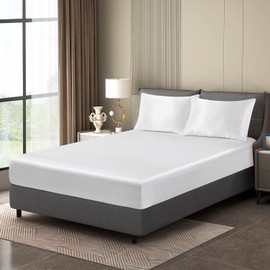 Luowei Fitted Sheet 90 x 200 cm White Satin Silk Shiny Bed Sheet Comfortable Luxurious Plain Fitted Sheet for High Mattress up to 25-30 cm