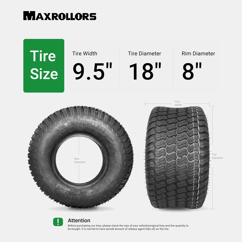 (2 Pack) MAXROLLORS 18x9.50-8 Lawn Mower Tires, 18x9.5-8 for Garden