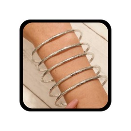 Allereya Boho Silver Bangle Bracelet Filled Hammered Bracelet Texture Stacking Bracelet Thin Round Bangle Bracelets Hinged Classic Bracelet Jewelry Set for Women(Silver1)
