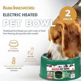 Farm Innovators P-60 1.5 Gallon 60 Watt Electric Heated Pet Water Bowl with Thermostatic Control and Anti Chew Cord, Green (2 Pack)