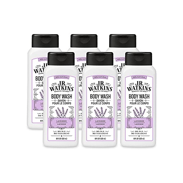 J.R. Watkins Natural Daily Moisturizing Body Wash, Hydrating Shower Gel for Men and Women, Free of SLS, USA Made and Cruelty Free, Lavender, 18 fl oz, 6 Pack