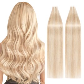 Tess Tape Extensions Real Hair Tape Remy Human Hair Extensions Ombre Hair Extensions 40 Pieces x 4 cm 100 g – 55 cm (18/613 Light Golden Blonde / Light Blonde)