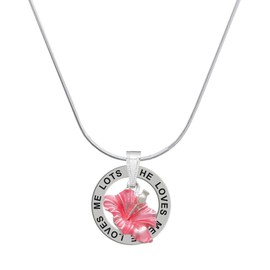 Delight Jewelry Silvertone Hot Pink Hibiscus Flower - Silvertone He Loves Me Lots Message Ring Necklace, 18"