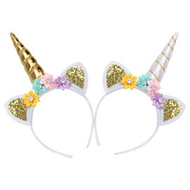 AHIER Unicorn Headband for Girls, 2 Pack Unicorn Horn Headbands, Gold and Silver Glitter Hairbands for Party