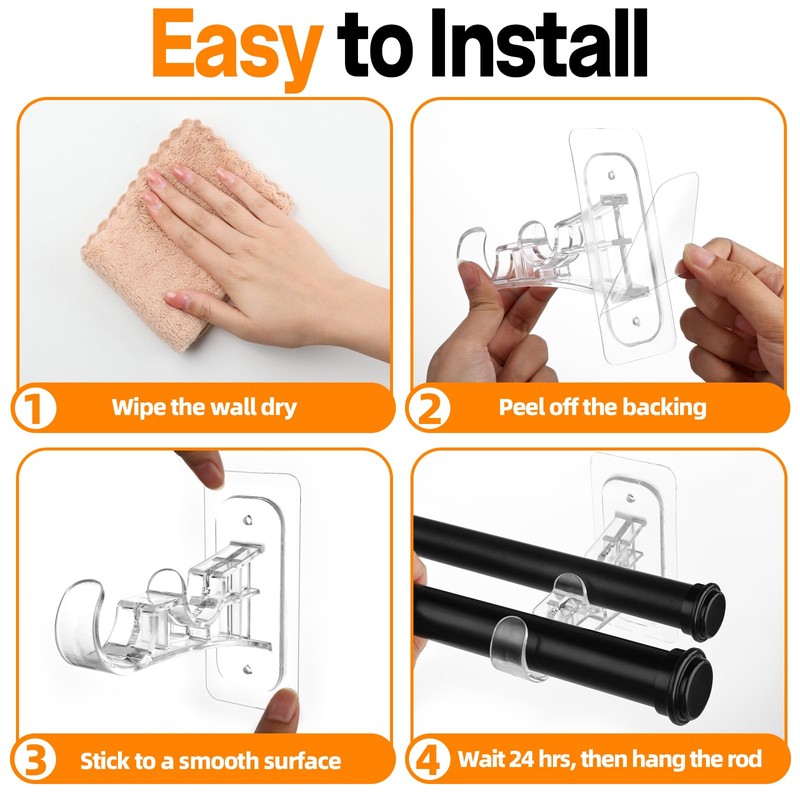 Antimbee 6-Pack Double Curtain Rod Bracket, Adhesive No Drill Curtain