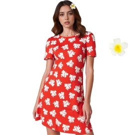 GAUWEAN Lilo Costume Adult Lilo Dress Women Hawaiian Tropical Summer Short Sleeve Dresses Casual Tunic Dress Hair Clips M