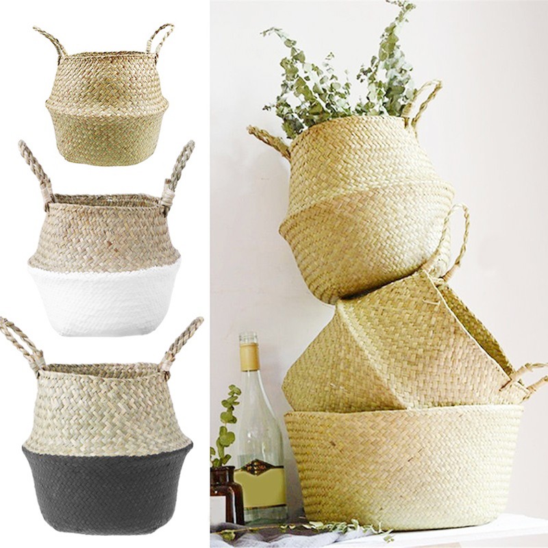 Foldable Storage Baskets Laundry Straw Patchwork Home Seagrass Belly Garden