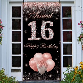 HTDZZI Rose Gold Sweet 16 Birthday Door Backdrop, Sweet Sixteen Party Decorations, Happy 16th Birthday Decorations for Girls, 16 Year Birthday Yard Sign Banner Photo Props Decor, Sturdy, Fabric