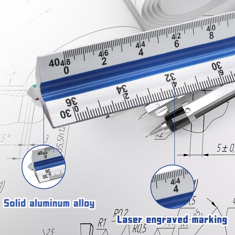 Biaungdo Engineer Scale Ruler, 12 Inch Solid Aluminum Triangular Drafting