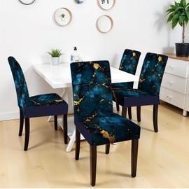 THISFIND Luxury Marble Chair Covers for Dining Room – Stretch Blue and Gold Abstract Pattern Slipcovers – Modern Washable Seat Protector for Kitchen, Banquet, Office Decor, Set of 4