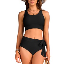 SHEKINI Women's High Waisted Bikini Sets 2 Piece Modest Swimsuits Tummy Control Bathing Suit with Tie Side Knot Black