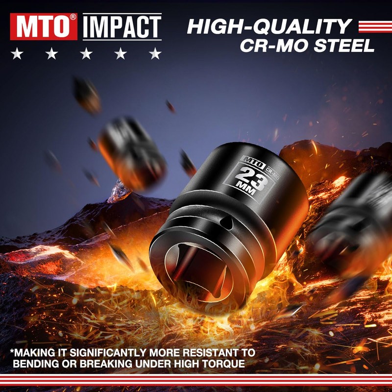 MTO 1/2" Drive 23mm Shallow Impact Socket, 6-Point Metric Socket,