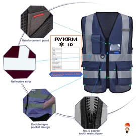 AYKRM 21 Colours Safety Vest Reflective Safety Vest with Reflective Strips with Zip and Pockets Work Vest, navy